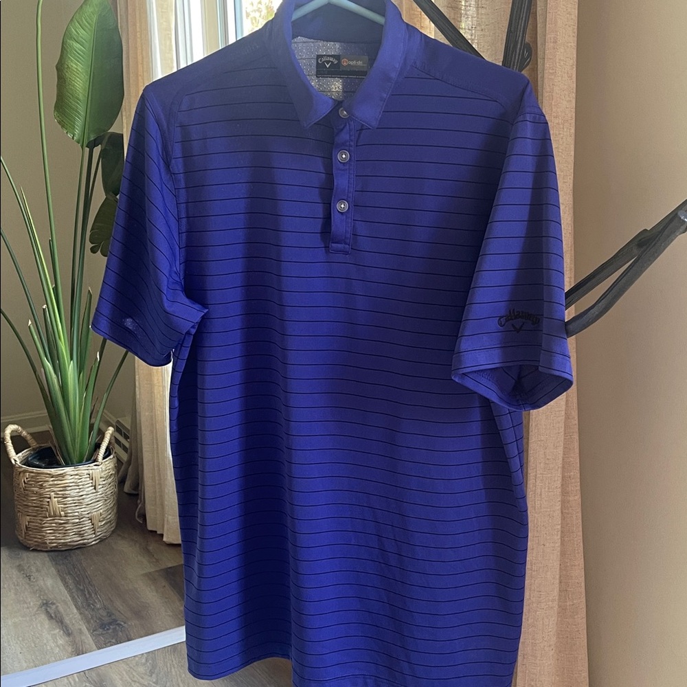 Callaway Blue with Thin Black Striped Short Sleeve Golf Polo Shirt Size Large